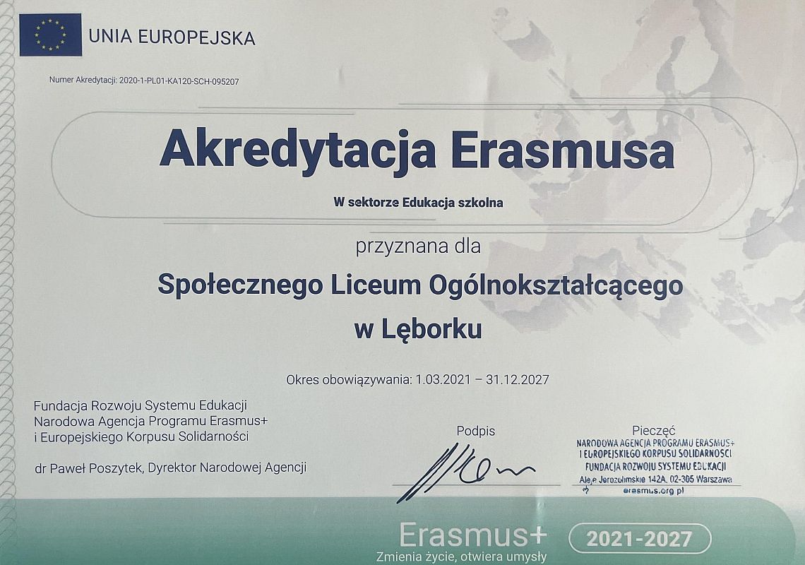 ERASMUS + INFORMACJA o przyznaniu AKREDYTACJI 2021-2027