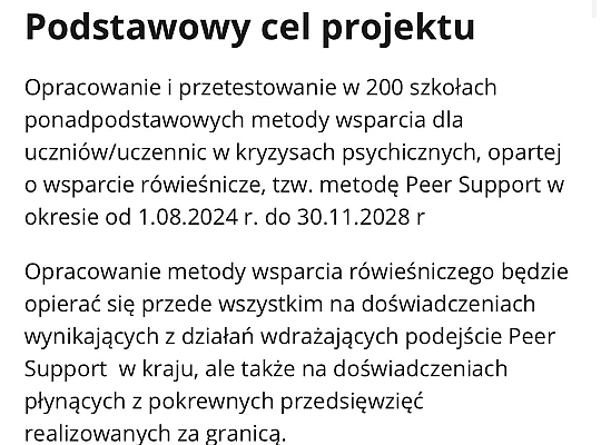 PROJEKT :„WSPARCIE  RÓWIEŚNICZE W ZAKRESIE ZDROWIA PSYCHICZNEGO MŁODZIEŻY (PEER SUPPORT)”.