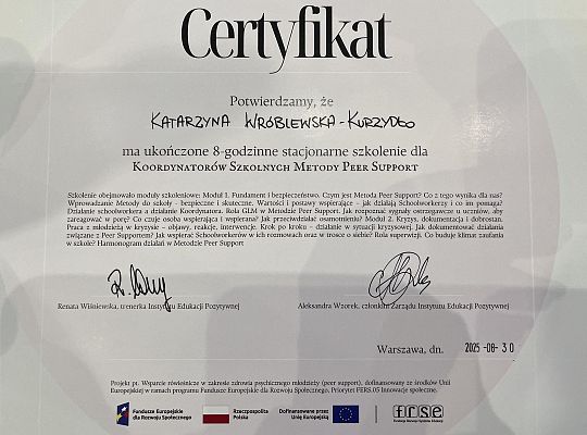 PROJEKT :„WSPARCIE  RÓWIEŚNICZE W ZAKRESIE ZDROWIA PSYCHICZNEGO MŁODZIEŻY (PEER SUPPORT)”.