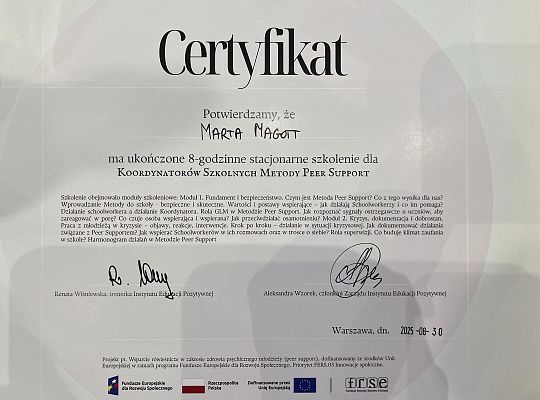 PROJEKT :„WSPARCIE  RÓWIEŚNICZE W ZAKRESIE ZDROWIA PSYCHICZNEGO MŁODZIEŻY (PEER SUPPORT)”.