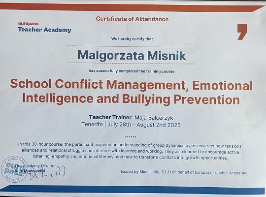 Kurs School Conflict Management, Emotional Intelligence and Bullying Prevention, Teneryfa 07/08.2025