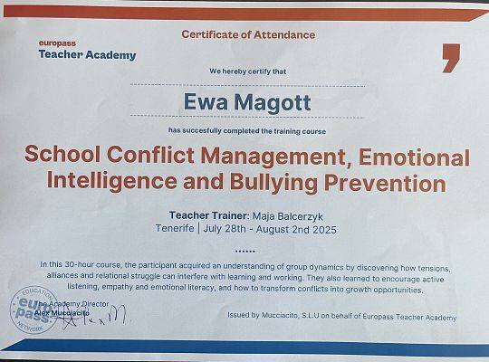 Kurs School Conflict Management, Emotional Intelligence and Bullying Prevention, Teneryfa 07/08.2025
